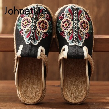Johnature Women Slippers Summer 2021 New Slides Embroider Flat With Women Shoes Retro Flower Handmade
